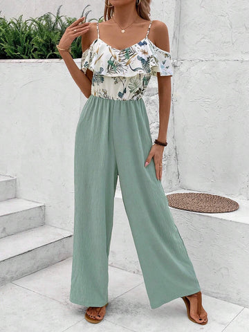 Plant Print Off Shoulder Ruffle Hem Vacation Style Jumpsuit