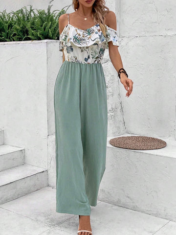 Plant Print Off Shoulder Ruffle Hem Vacation Style Jumpsuit