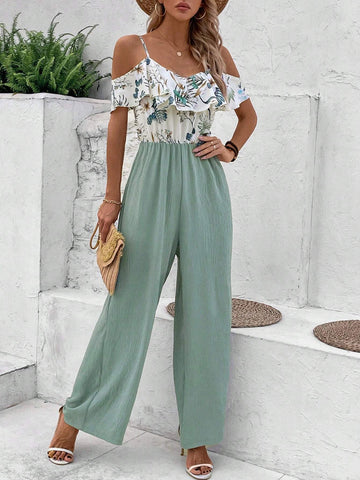 Plant Print Off Shoulder Ruffle Hem Vacation Style Jumpsuit