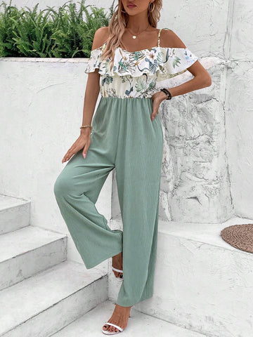 Plant Print Off Shoulder Ruffle Hem Vacation Style Jumpsuit