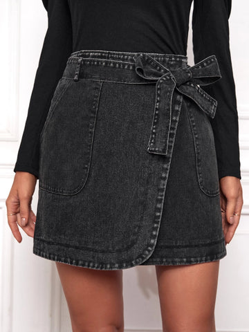 Frenchy Pocket Side Wrap Belted Skirt