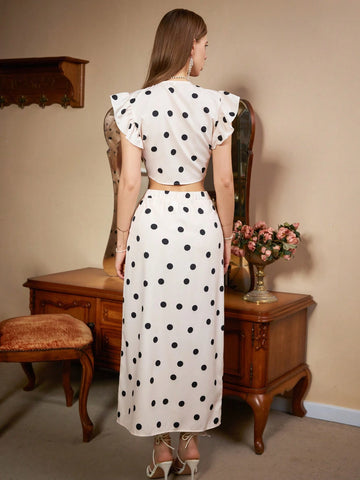 Polka Dot Print Crop Top And Skirt Set With Knot Detail For Summer