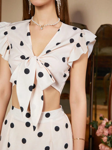 Polka Dot Print Crop Top And Skirt Set With Knot Detail For Summer