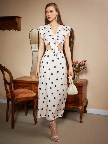 Polka Dot Print Crop Top And Skirt Set With Knot Detail For Summer