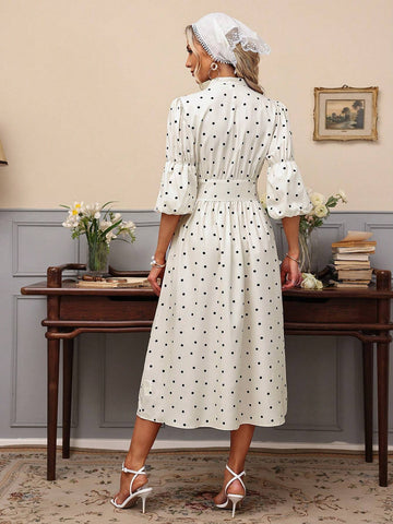Polka Dot Print Lantern Sleeve Dress