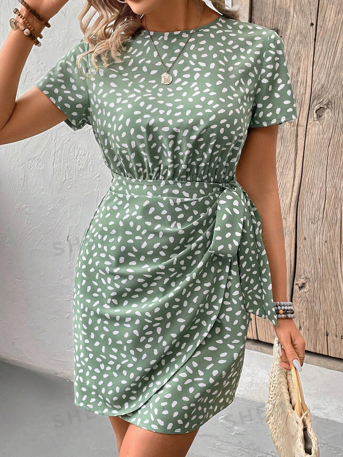 Polka Dot Print Round Neck Waist-Tie Dress