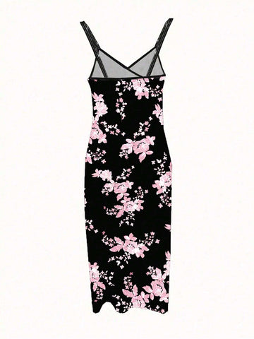 Printed Irregular Hem High Side Split Spaghetti Strap Cross Back Bodycon Dress For