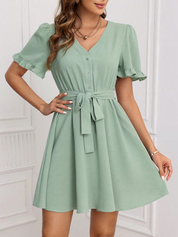 Pure Color Ruffled Sleeves Casual Dress