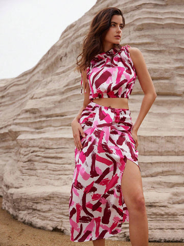 Random Brushstroke Print Tie-Up Vest And High-Slit Midi Skirt Two-Piece Set