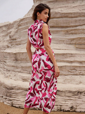 Random Brushstroke Print Tie-Up Vest And High-Slit Midi Skirt Two-Piece Set