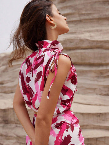 Random Brushstroke Print Tie-Up Vest And High-Slit Midi Skirt Two-Piece Set