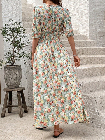 Frenchy Random Floral Printed High Slit Hem Dress