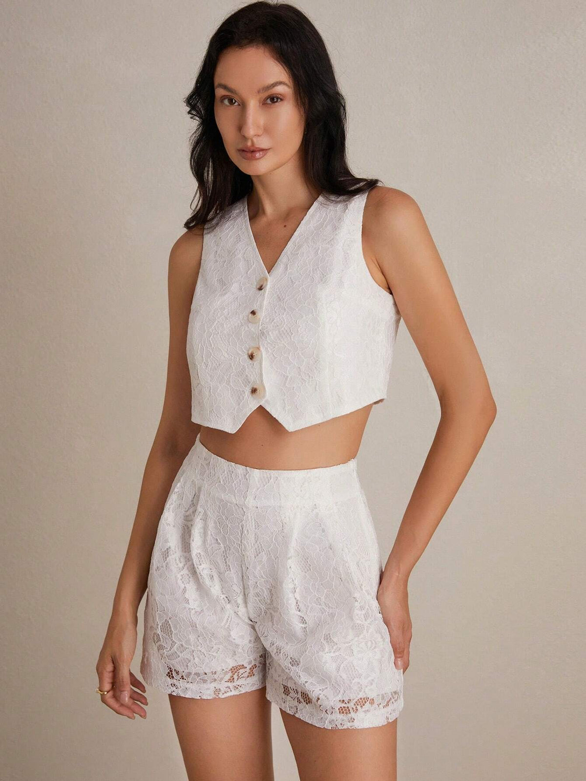 Random Lace Crochet French Style Sleeveless V-Neck Vest + A-Line Shorts Set