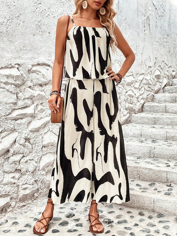 Random Print Loose Fit Casual 2pcs/Set Outfit