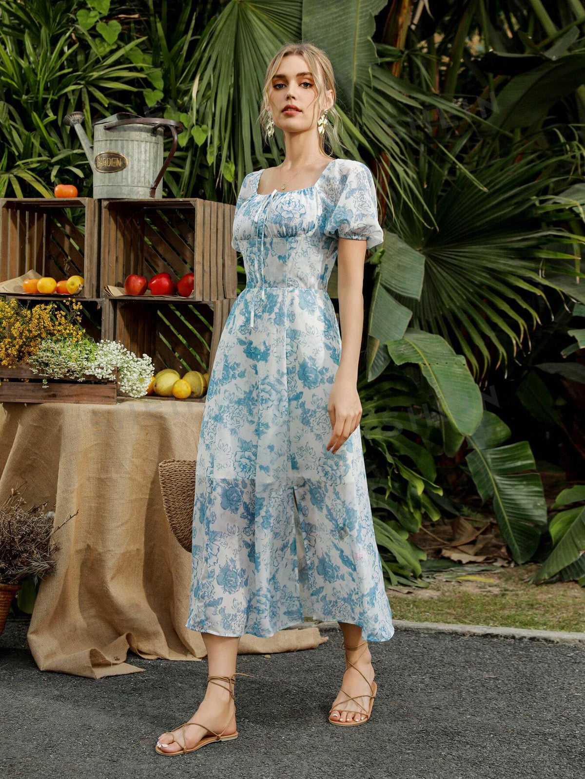 Random Printed Chiffon Split Short Sleeve Women's Dress