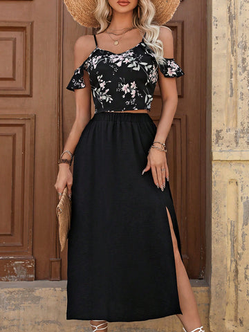 Random Printed Hollow Out Shoulder Cropped Top & High Slit Skirt Set