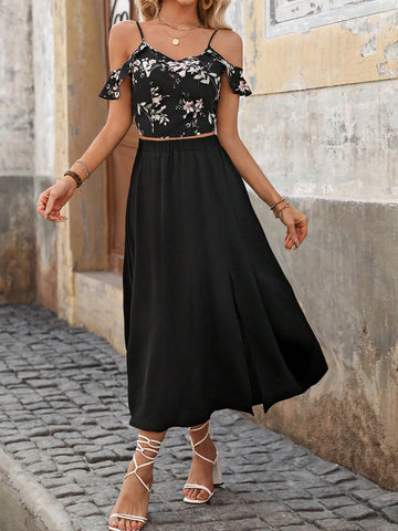 Random Printed Hollow Out Shoulder Cropped Top & High Slit Skirt Set