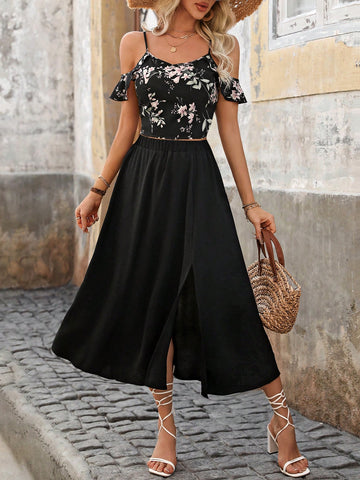 Random Printed Hollow Out Shoulder Cropped Top & High Slit Skirt Set