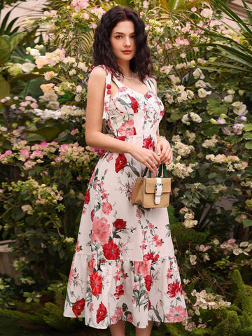 Random Printed Knot Front Sleeveless Dress
