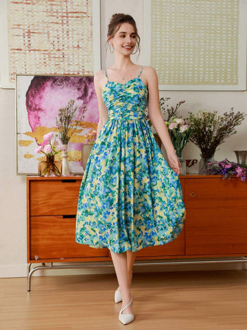 Random Printed Pleated A-Line Cami Dress