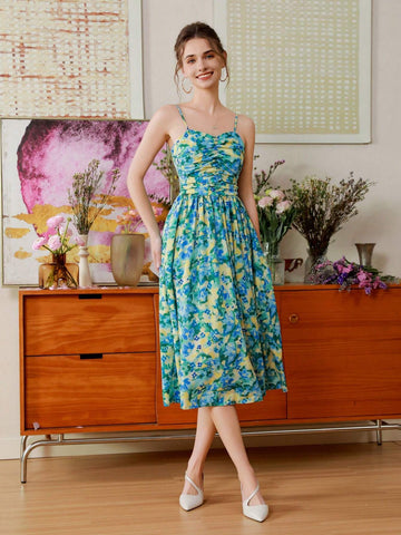 Random Printed Pleated A-Line Cami Dress