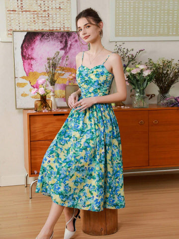 Random Printed Pleated A-Line Cami Dress