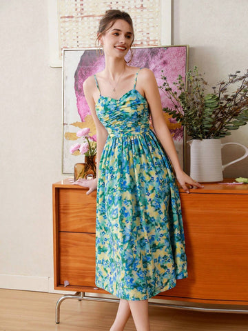 Random Printed Pleated A-Line Cami Dress