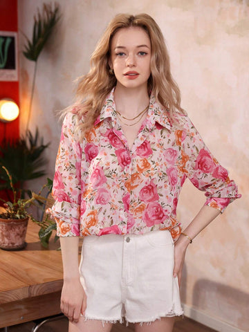 Frenchy Romantic Rose Floral Printed Chiffon Long Sleeve Women's Shirt, Summer