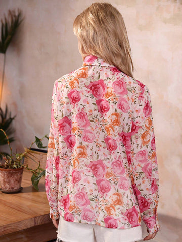 Frenchy Romantic Rose Floral Printed Chiffon Long Sleeve Women's Shirt, Summer