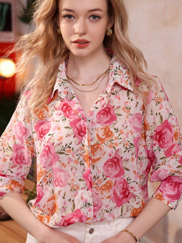 Frenchy Romantic Rose Floral Printed Chiffon Long Sleeve Women's Shirt, Summer