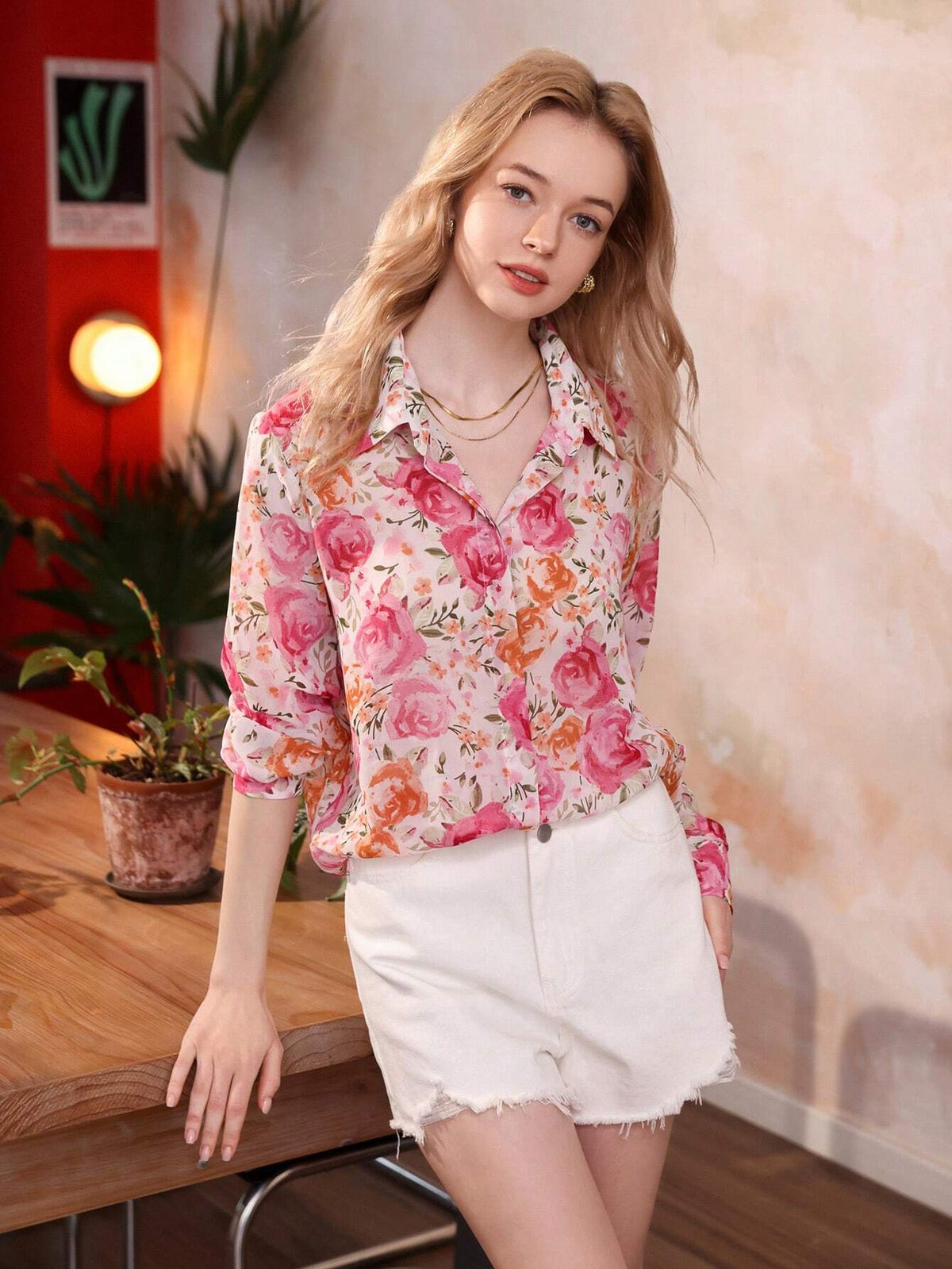Frenchy Romantic Rose Floral Printed Chiffon Long Sleeve Women's Shirt, Summer