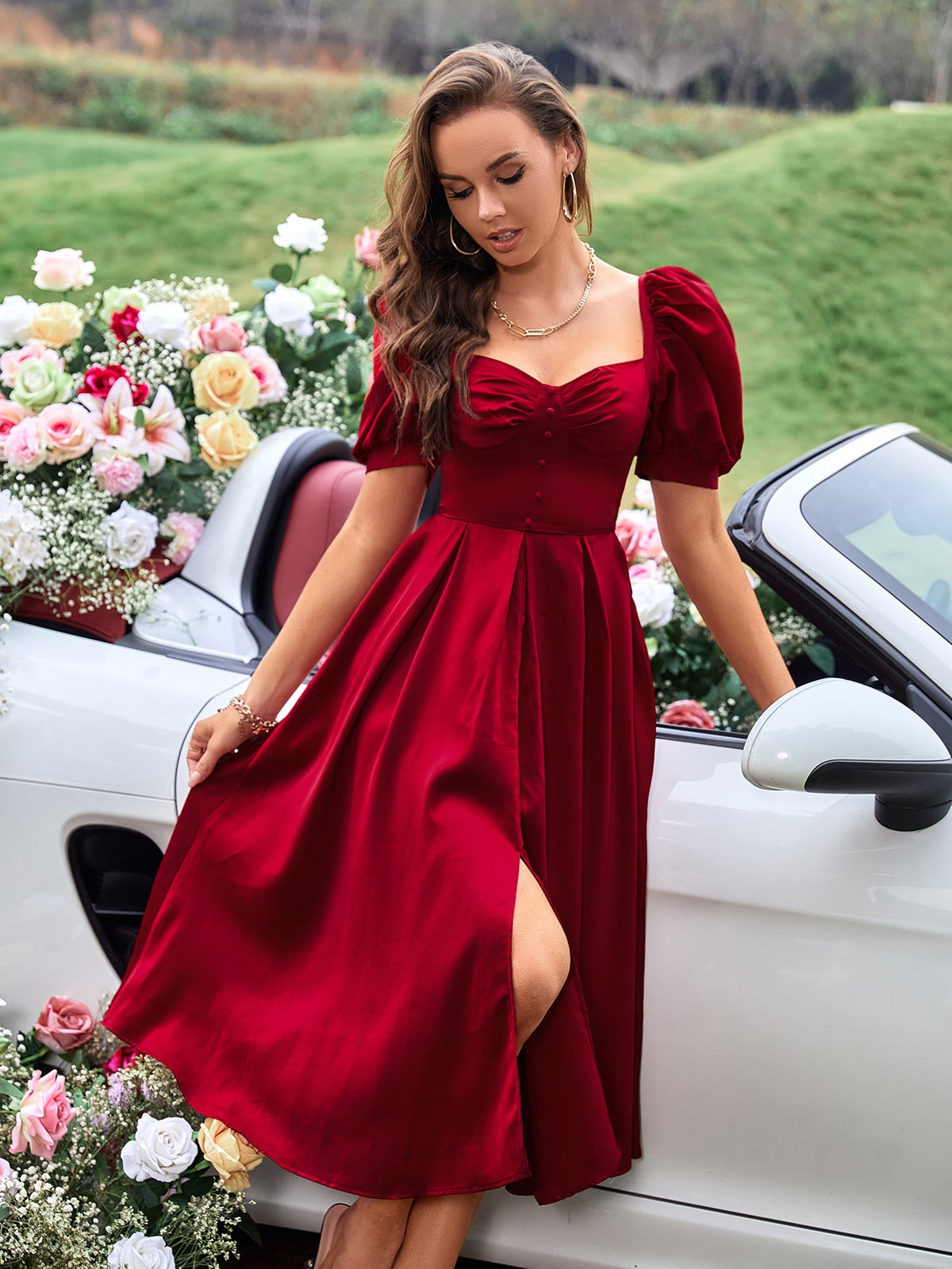 Frenchy Ruched Fake Button Puff Sleeve Sweetheart Neck Split Thigh Satin Dress