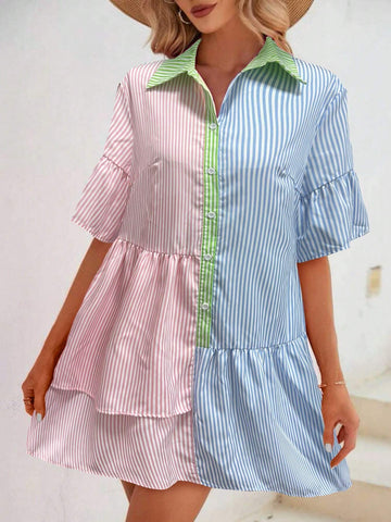 Women's Striped Color Block Loose Casual Midi Shirt Dress