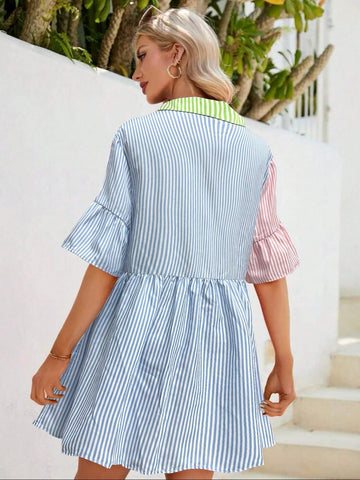 Women's Striped Color Block Loose Casual Midi Shirt Dress