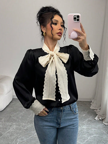 Frenchy Satin-Finish French Lace Up Bow Tie Long Sleeve Blouse For Women, Loose Minimalist Design Top