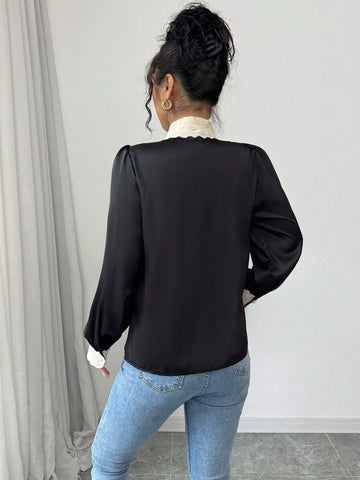 Frenchy Satin-Finish French Lace Up Bow Tie Long Sleeve Blouse For Women, Loose Minimalist Design Top