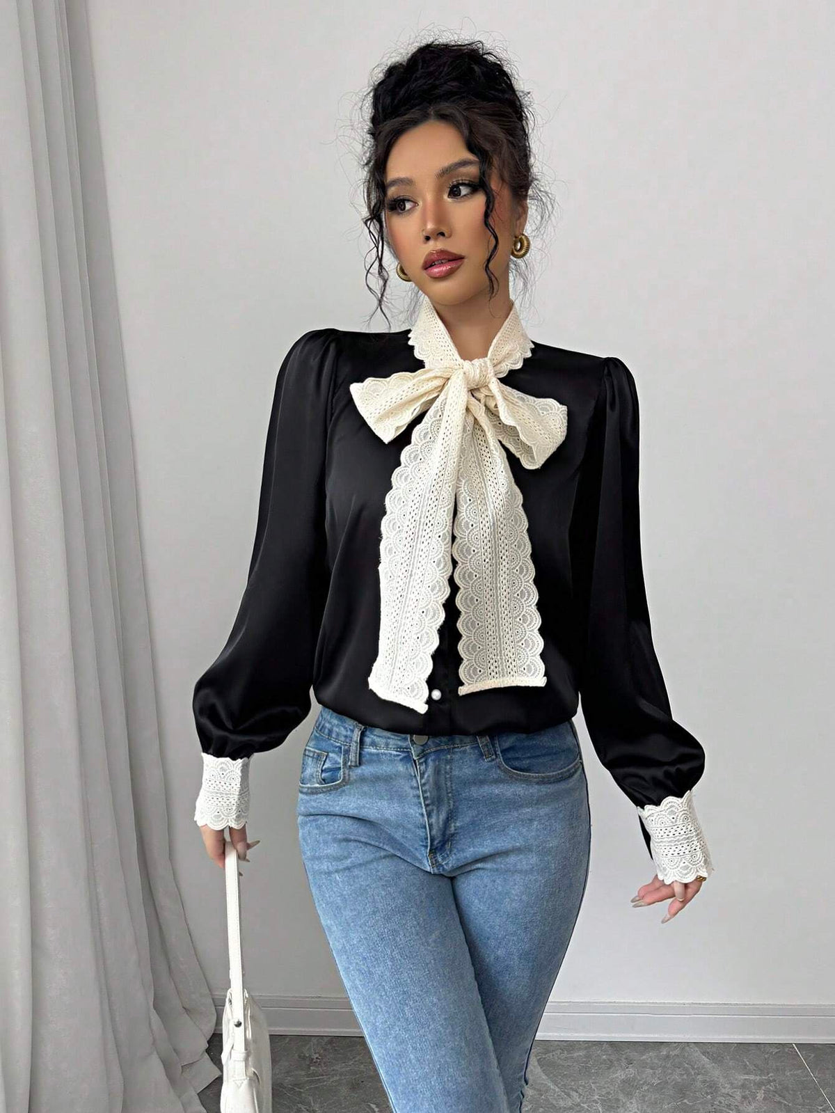 Frenchy Satin-Finish French Lace Up Bow Tie Long Sleeve Blouse For Women, Loose Minimalist Design Top