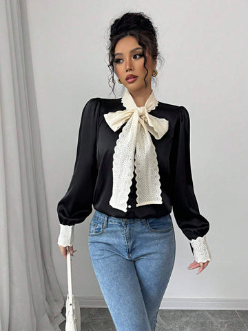 Frenchy Satin-Finish French Lace Up Bow Tie Long Sleeve Blouse For Women, Loose Minimalist Design Top