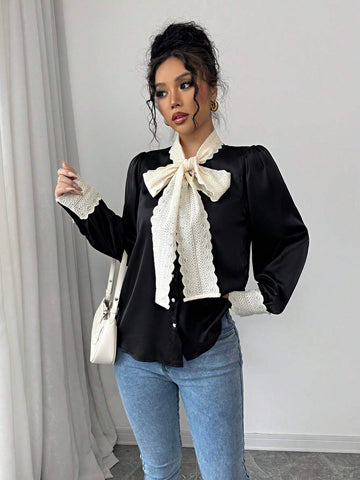 Frenchy Satin-Finish French Lace Up Bow Tie Long Sleeve Blouse For Women, Loose Minimalist Design Top