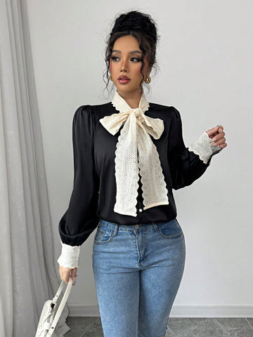 Frenchy Satin-Finish French Lace Up Bow Tie Long Sleeve Blouse For Women, Loose Minimalist Design Top