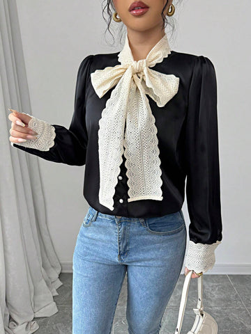Frenchy Satin-Finish French Lace Up Bow Tie Long Sleeve Blouse For Women, Loose Minimalist Design Top