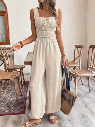 Milkmaid Ruched Bust Contrast Lace Wide Leg Jumpsuit