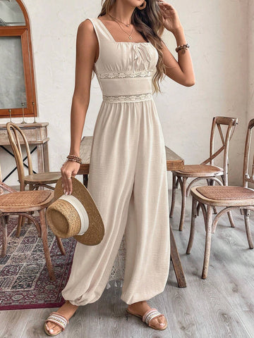 Milkmaid Ruched Bust Contrast Lace Wide Leg Jumpsuit