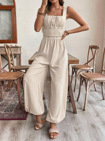 Milkmaid Ruched Bust Contrast Lace Wide Leg Jumpsuit