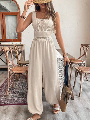 Milkmaid Ruched Bust Contrast Lace Wide Leg Jumpsuit