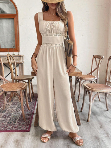 Milkmaid Ruched Bust Contrast Lace Wide Leg Jumpsuit