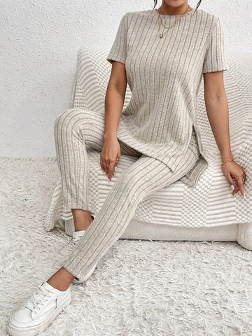 Short Sleeve Split Side T-Shirt And Leggings Two Piece Set