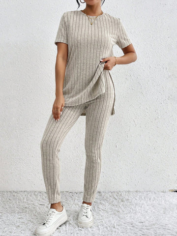 Short Sleeve Split Side T-Shirt And Leggings Two Piece Set