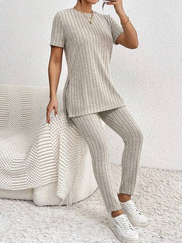 Short Sleeve Split Side T-Shirt And Leggings Two Piece Set