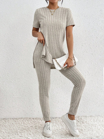 Short Sleeve Split Side T-Shirt And Leggings Two Piece Set